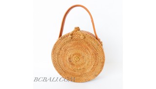 rattan hand woven ata grass lining full handmade circle short handle leather 